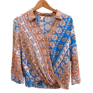 Cato Cropped Wrap Top Womens Medium Blouse 3/4 Sleeve Boho Balletcore Retro